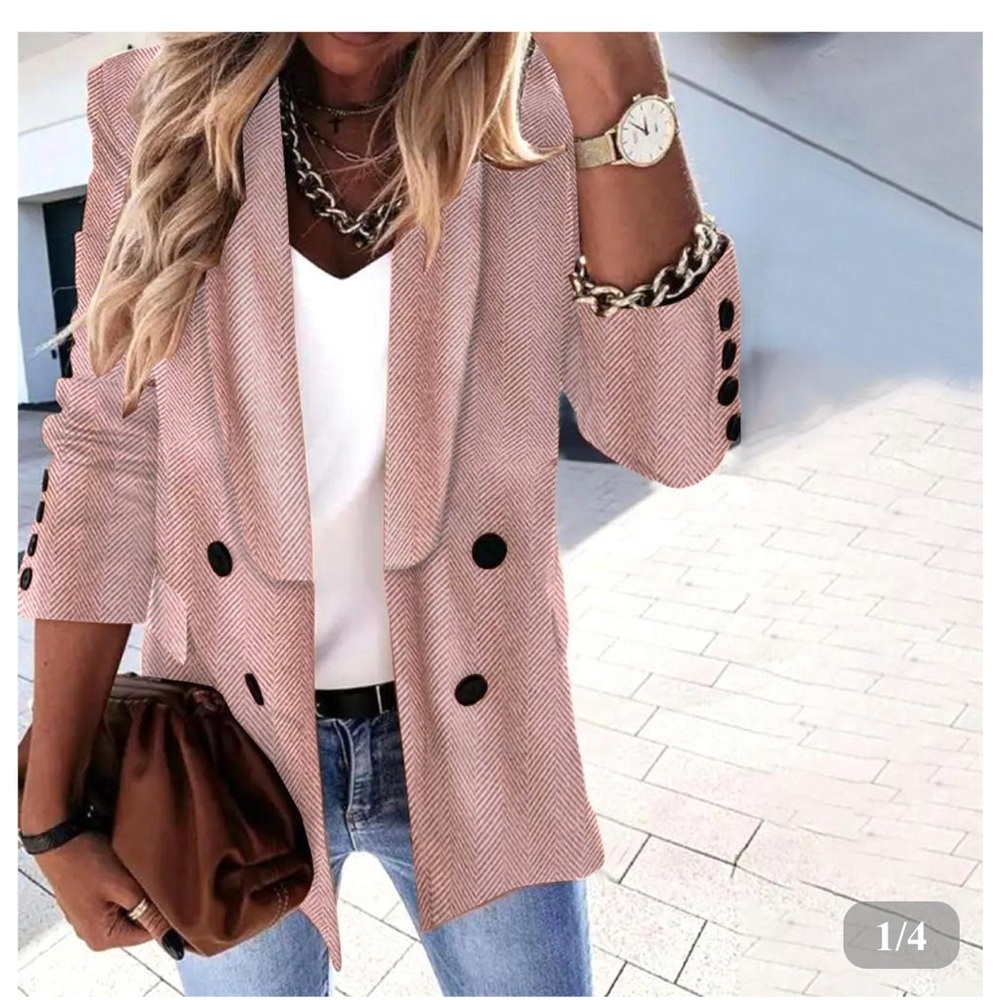 Valanio Popular Plain Lapel Long Sleeve Blazer Jacket in pink tweed ~ size large
